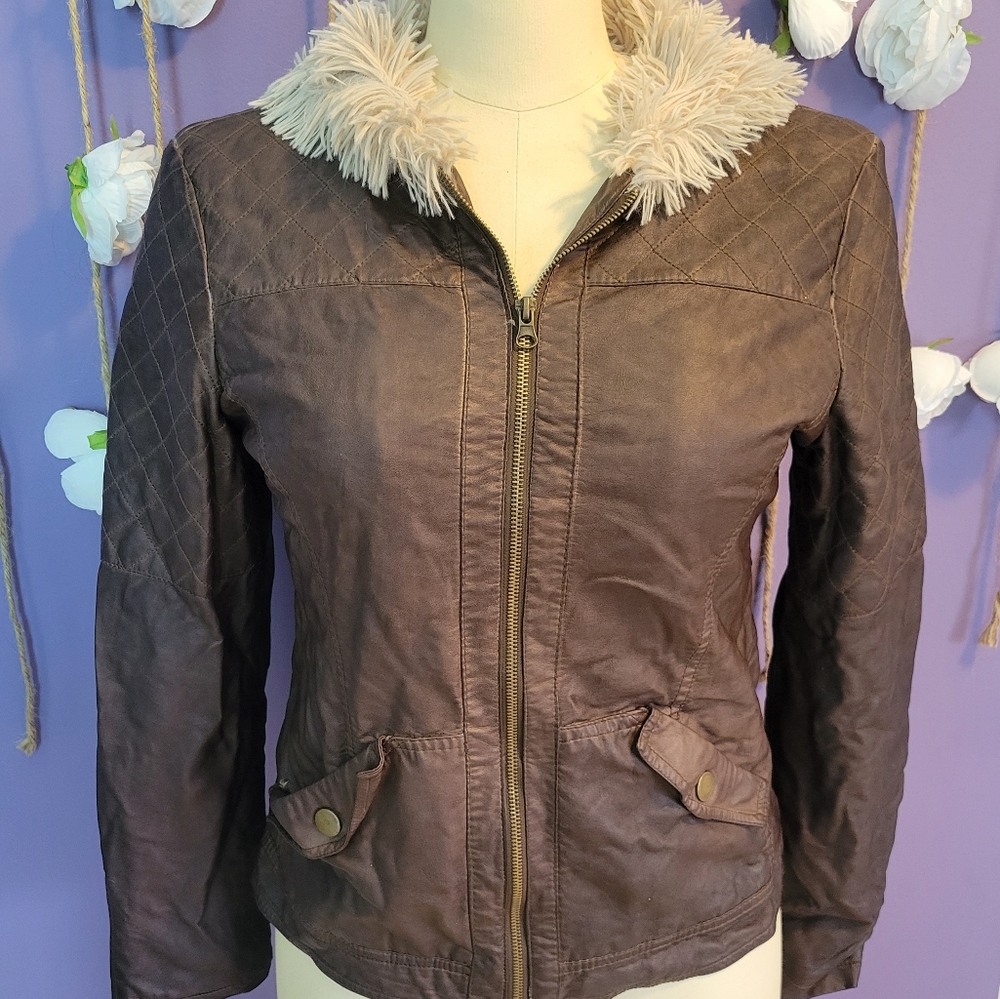 Brown BKE Faux Leather and Faux Fur Jacket